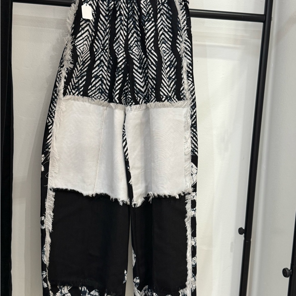 Black, White And Navy Patterned Patchwork Pants - image 1